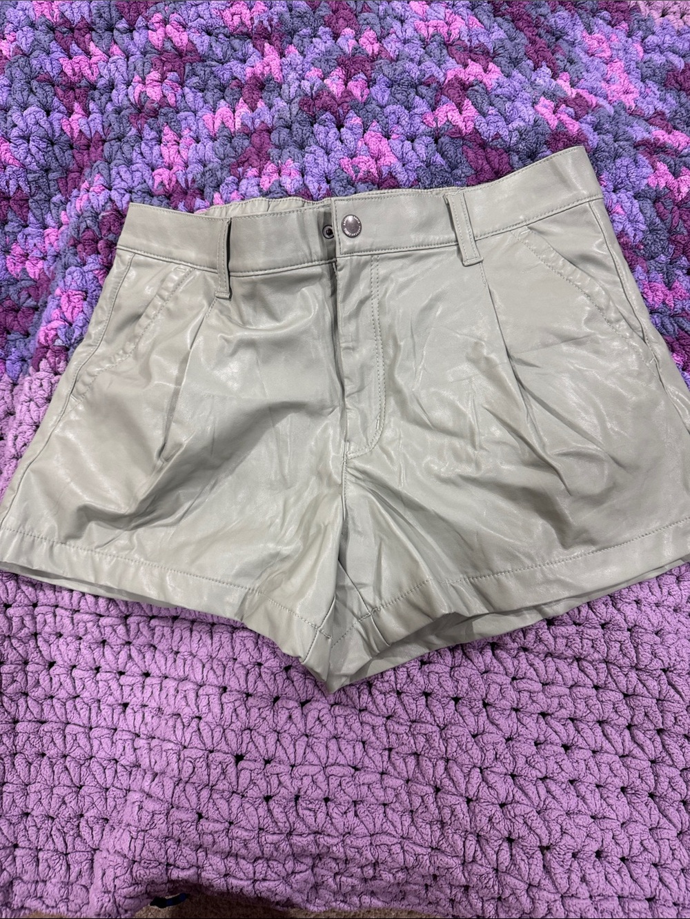 American Eagle Outfitters High-Waist Faux Leather Shorts in Light Gray
